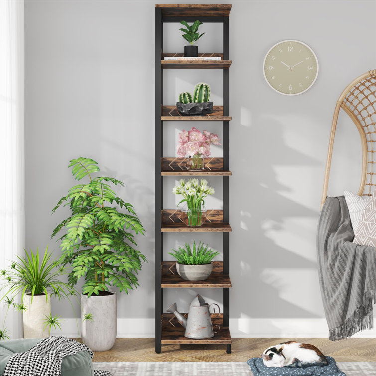 6 Tier Corner Shelf 195Cm Tall Narrow Bookshelf Storage Rack Etagere Shelves Display Stand For Small Spaces Rustic Open Bookcase Corner Square